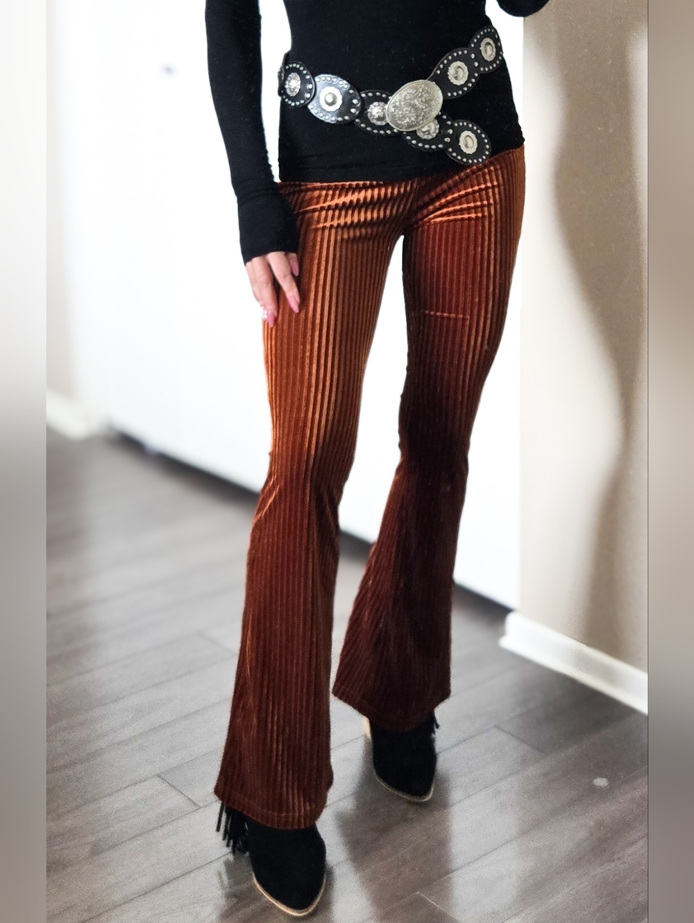 Rust Velvet Ribbed Flare Bell Bottom Pants Boho Western Festival Glam Small